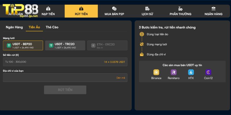 Cách rút tiền TIP88 về ví dễ dàng