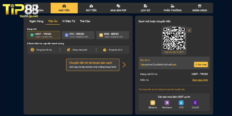 Quy trình nạp tiền TIP88 dễ dàng